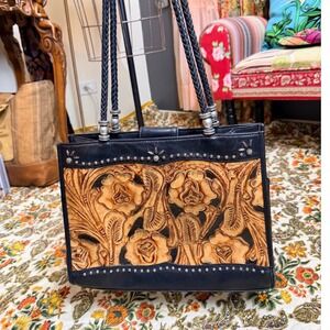 VTG Western Tooled Leather Shoulder Handbag Black Braided Straps Silver Hardware